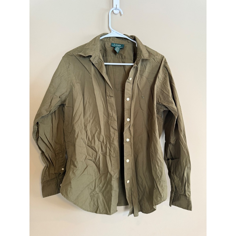 Lauren Ralph Lauren Womens Olive Green Cotton Button Down Shirt LRL Logo